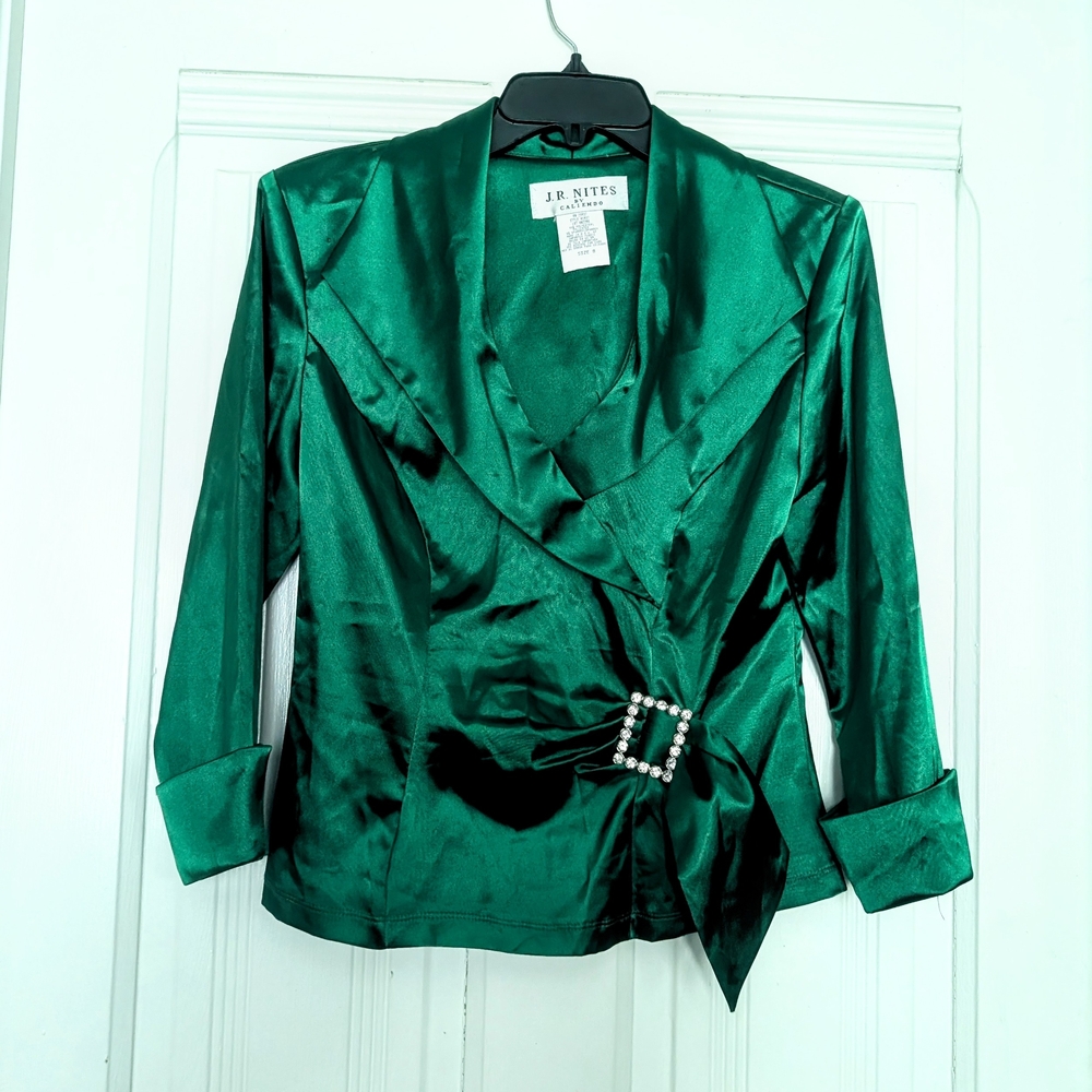 J.R. Nites Green Jeweled Satin Blouse Size 8
